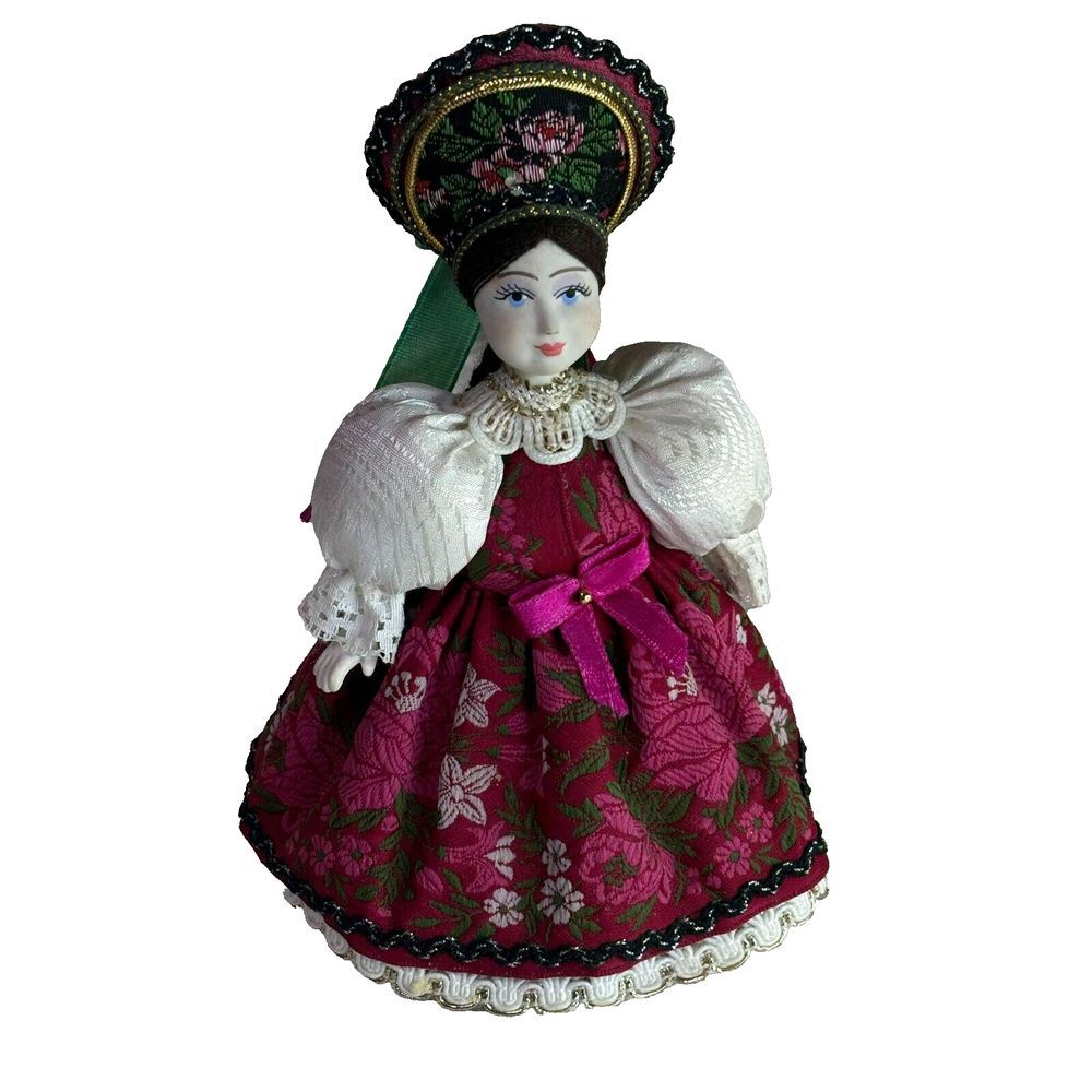 Vintage Charming Russian Cone Doll Folk Art with Porcelain Face and Hands‎